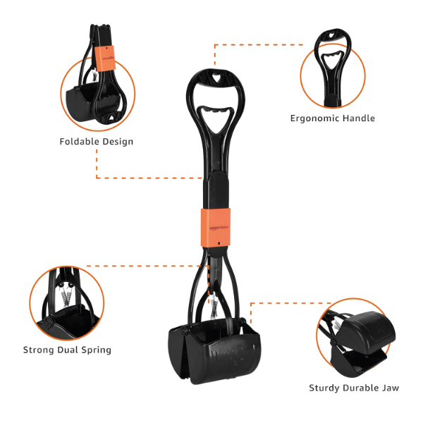 folding jaw poop scooper showing ergonomic handle and spring-operated pet waste picker design