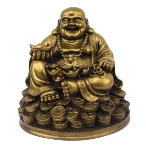 Petrichor Laughing Buddha figurine seated on lucky coins carrying golden ingots for Feng Shui home décor