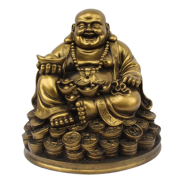 Petrichor Laughing Buddha figurine seated on lucky coins carrying golden ingots for Feng Shui home décor