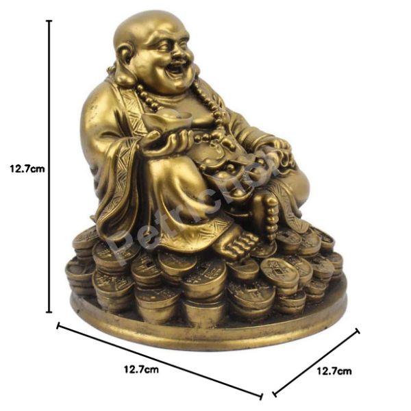 Petrichor Laughing Buddha figurine showing seated Buddha with sack and golden ingot decorative ornament