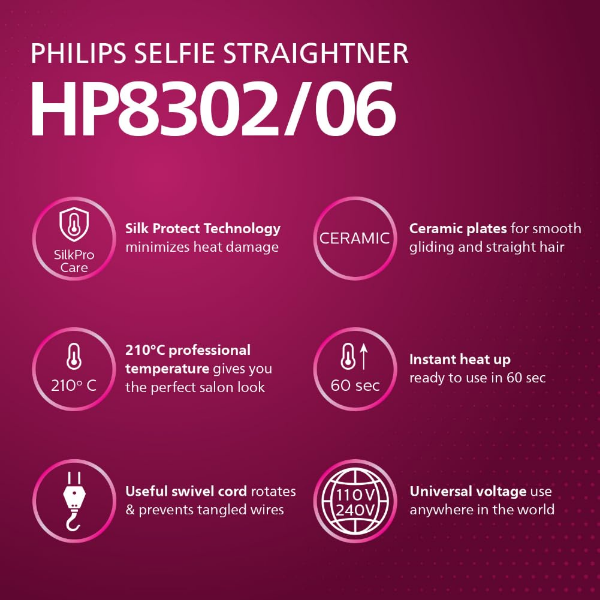 Philips HP8302 Hair Straightener displaying slim ceramic plates for styling shorter hair with ease