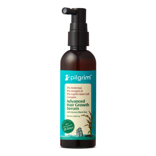 Pilgrim Hair Growth Serum bottle featuring Redensyl 3%, Anagain 4% and Capilia Stem for daily hair care use