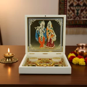 Radha Krishna devotional gift yantra box with sacred Charan Paduka for a home puja room setting
