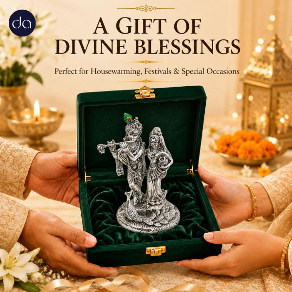 Silver Radha Krishna idol with peacock, 5.5 inch size, for home temple and prayer room décor