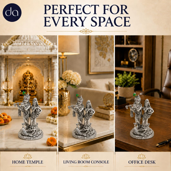 Silver Radha Krishna idol with peacock detail for pooja room and traditional home decoration