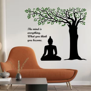 Rawpockets Viny Lord Buddha wall sticker with under-tree design and mind quote for peaceful home décor spaces