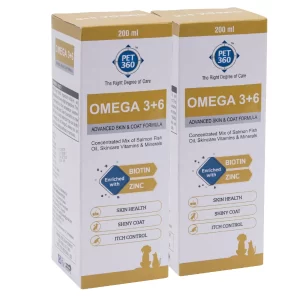 PET360 Salmon Fish Oil for Dogs & Cats bottle providing Omega 3 and Omega 6 skin and coat support formula
