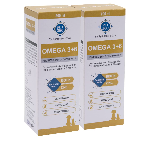 PET360 Salmon Fish Oil for Dogs & Cats bottle providing Omega 3 and Omega 6 skin and coat support formula