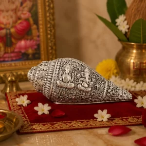Lakshmi Ganesh shankh with silver-plated finish and sacred engravings for home temple decor