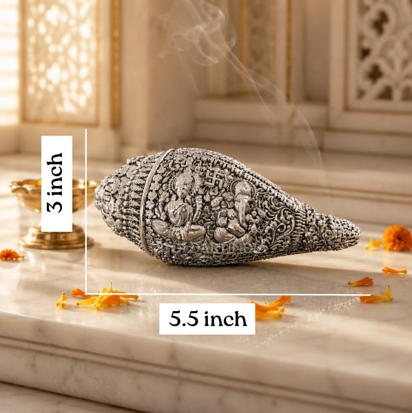 Lakshmi Ganesh shankh showing engraved deities, yantra motifs and Shubh Labh symbols