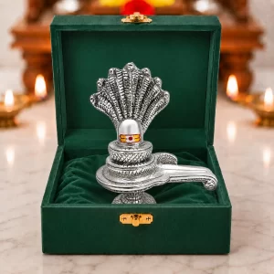 Silver plated Shivling with snake idol, 5 inch design for a home temple and pooja space setup