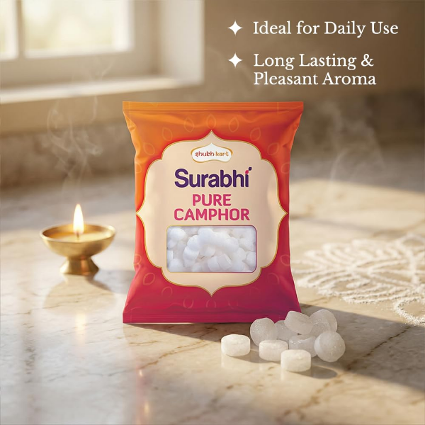 Shubhkart Surabhi pure camphor tablets with aromatic fragrance for puja and aarti ritual use
