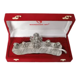 Silver plated Ganesha idols with five musical figures on leaf bases for gifting and display