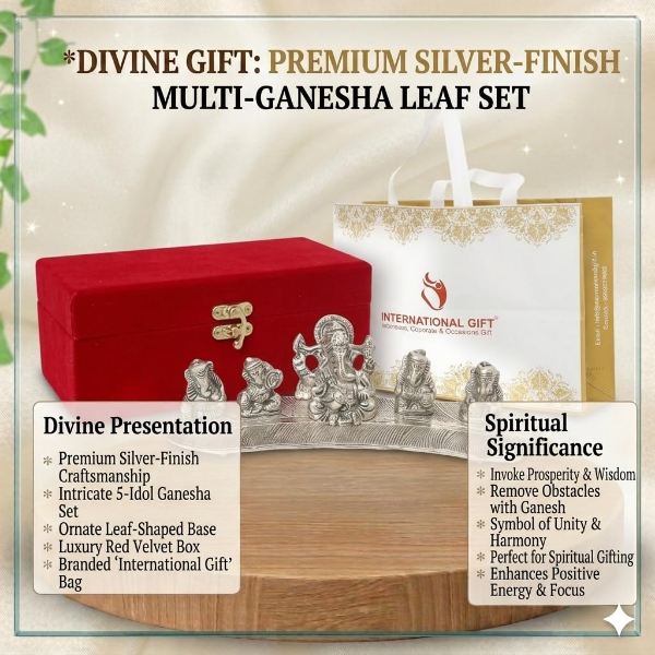 Silver plated Ganesha idols arranged as five musical figures on decorative leaf bases for display