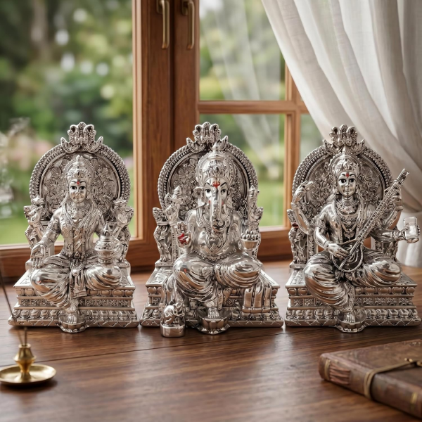 Lakshmi Ganesh Saraswati Idol in silver-plated finish for pooja room, mandir or office desk