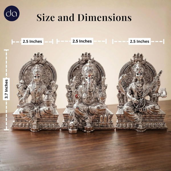 Silver-plated Lakshmi Ganesh Saraswati Idol with attached base for stable indoor display use