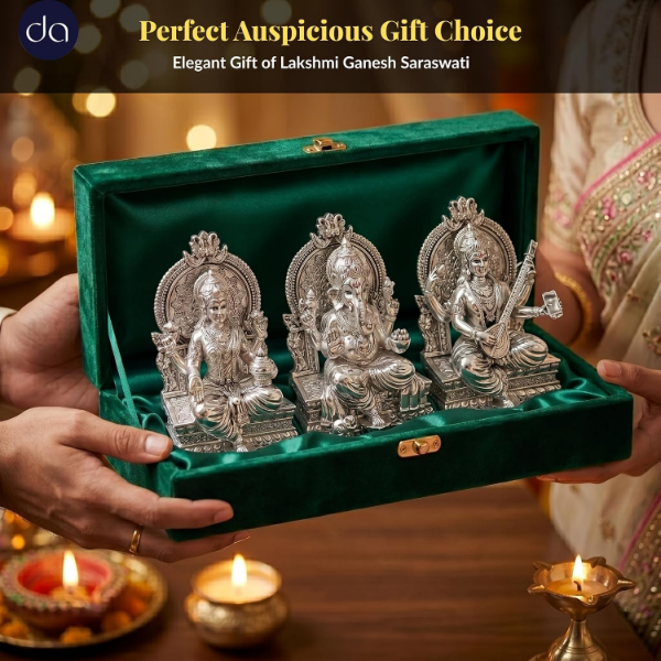 Silver Lakshmi Ganesh Saraswati Idol for car dashboard, shop counter or devotional display