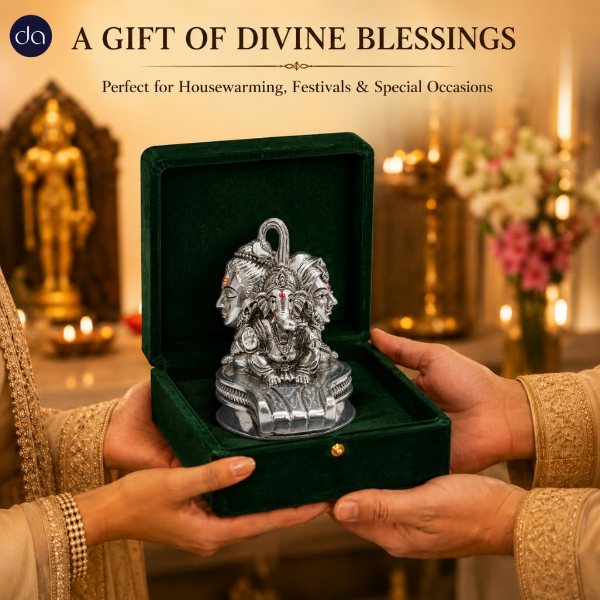 Compact 5.5 inch Shiv Parivar Shivling idol in silver plated finish for home mandir and gifting