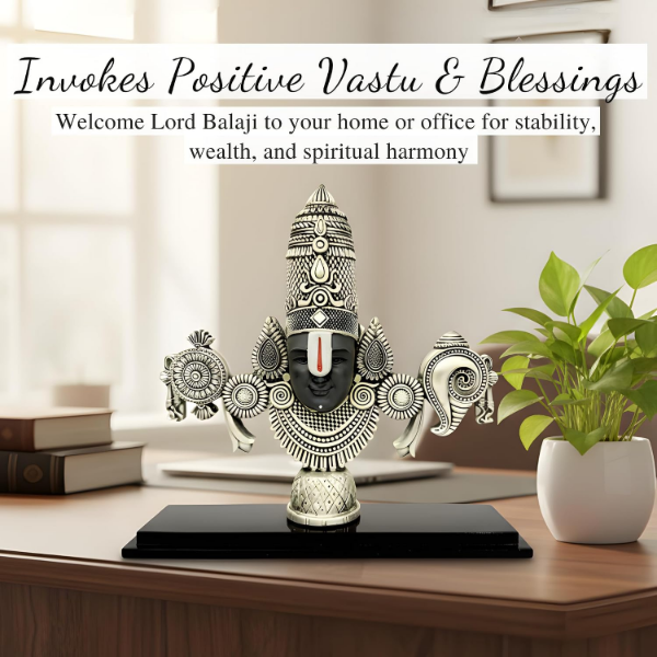 Silver plated Tirupati Balaji statue with tall profile for Vastu home décor and prayer room display