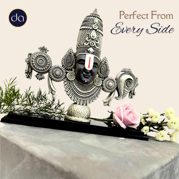 Silver plated Tirupati Balaji statue measuring 20 cm high for pooja room and prayer space decoration