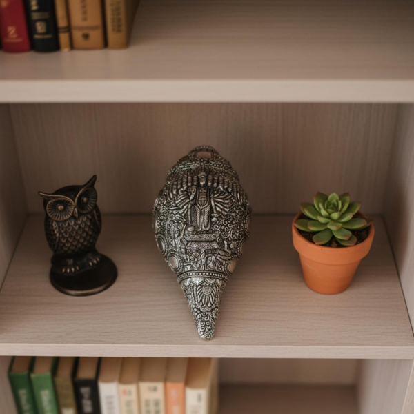 Antique silver shankh with Vishnu Virat Roop design, suited to a mandir or Hindu religious gift