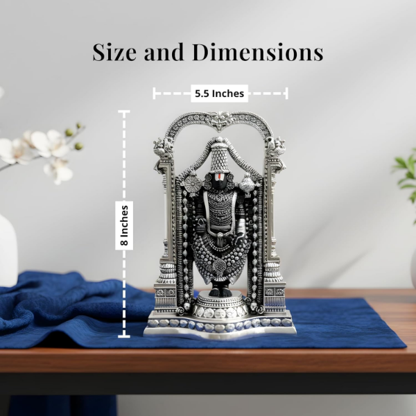Standing Tirupati Balaji Idol with 999 silver plating and carved Prabhavali arch for mandir display