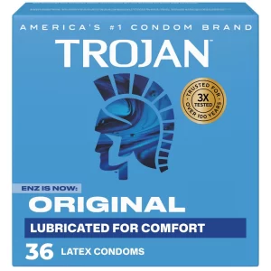 Trojan ENZ condoms 36 count lubricated latex box with reservoir end and straight-walled fit