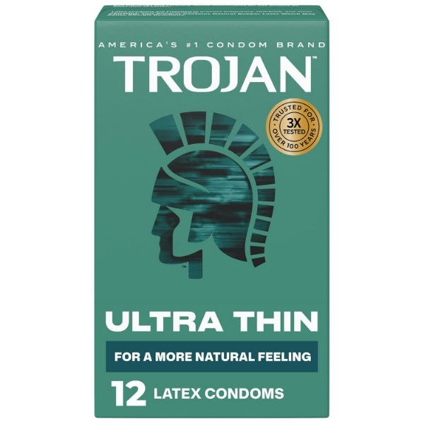 Trojan Ultra Thin Condoms lubricated 12 count box with thinner latex and reservoir end