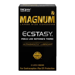 Trojan Magnum Ecstasy condoms with UltraSmooth lubricant in a larger comfort shape, 20 count pack