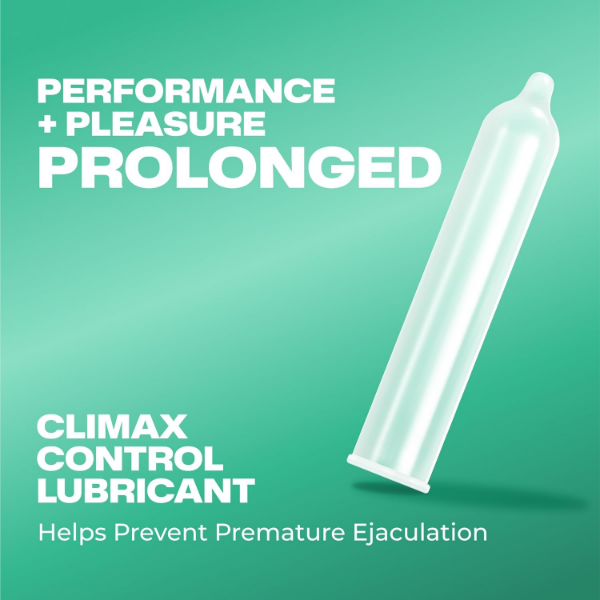 Trojan Climax Control Condoms with lubricant, shown as the lubricated latex condom product range