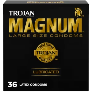 Trojan Magnum Condoms 36 count box with large lubricated contoured latex design and reservoir tip