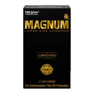 Trojan Magnum condoms in large size with silky lubricant and tapered base for secure placement