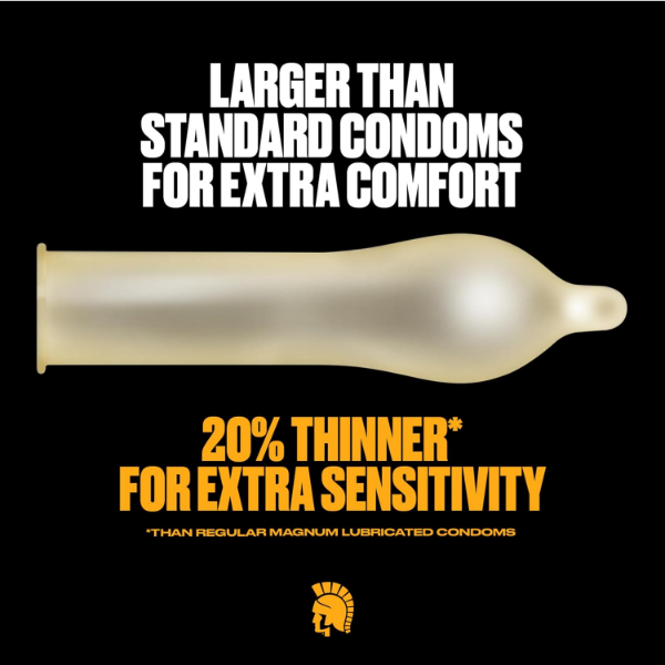 Large Trojan Magnum condoms with reservoir end, silky lubricant and tapered base for placement