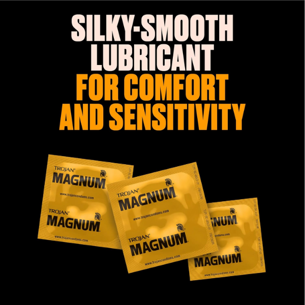 Large size Trojan Magnum condoms with tapered base, reservoir end and silky smooth lubricant