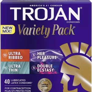 Trojan Pleasure Pack condoms 40 count with lubricated latex designs and varied styles selection