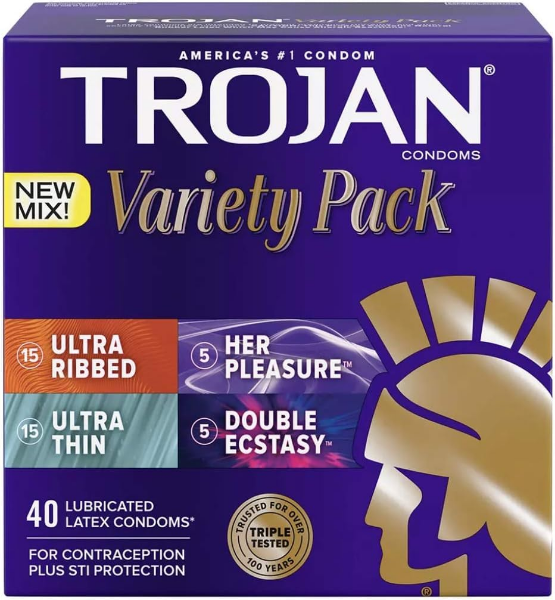 Trojan Pleasure Pack condoms 40 count with lubricated latex designs and varied styles selection