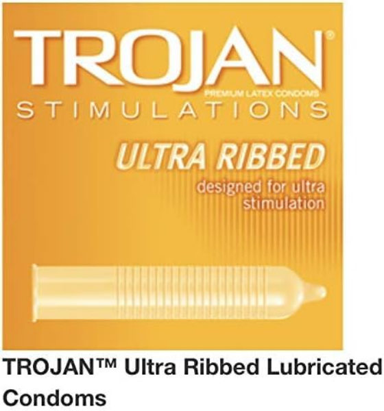 Trojan Pleasure Pack condoms showing the four designs included in this 40-count lubricated pack