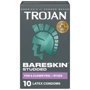 Trojan Studded Condoms with Bareskin texture, elevated studs and smooth lubricant for comfort