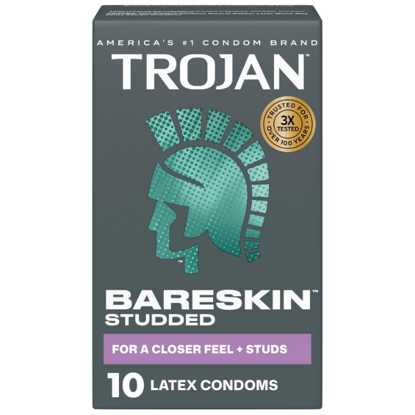 Trojan Studded Condoms with Bareskin texture, elevated studs and smooth lubricant for comfort