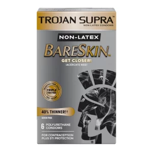 Trojan Supra condoms 18 count pack showing lubricated ultra thin latex free design details