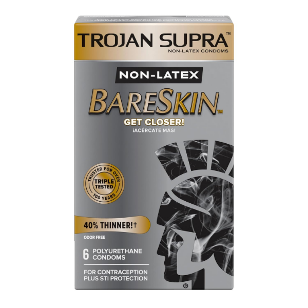 Trojan Supra condoms 18 count pack showing lubricated ultra thin latex free design details