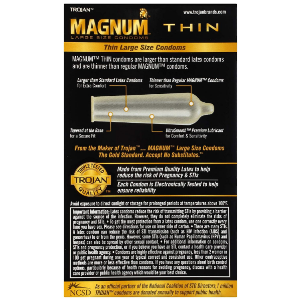 Trojan Magnum Thin Condoms 12 count box with larger fit, tapered base and UltraSmooth lubricant