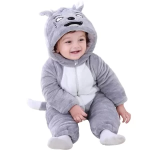 Grey baby panda jumpsuit with hood and front zip for babies aged 6-9 months