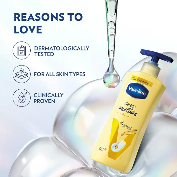 Vaseline Deep Moisture Body Lotion enriched with ceramides and Hyaluron Moisture Fillers for skin hydration