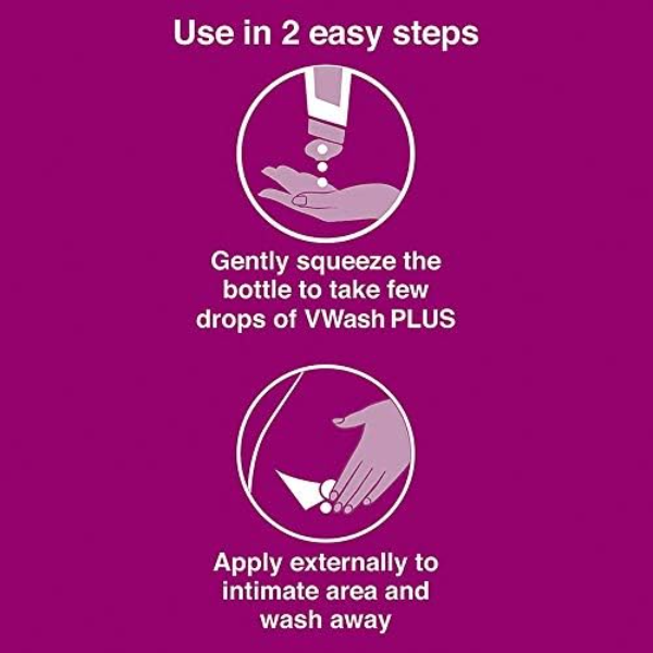 VWash Plus Intimate Hygiene Wash displaying pH balanced liquid wash for daily feminine cleansing routine