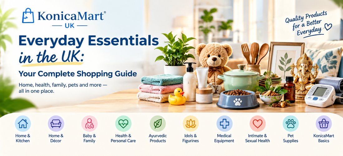 Everyday essentials shopping guide featuring home, kitchen, baby, personal care, Ayurvedic, medical, Idols, Figurines and pet products.