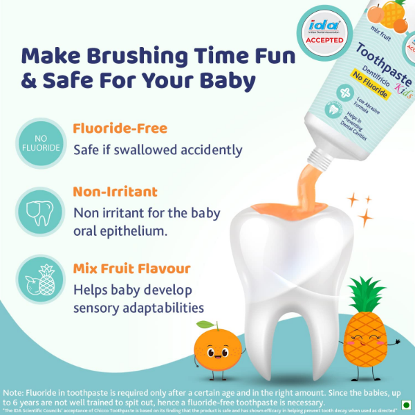 Chicco Kids Toothpaste Mix Fruit Flavour 50g for Children Aged 1–6 Years (6 Pcs) (Pack of 3) - Image 4