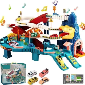 HAPPY HUES Dinosaur Toy Car Race Track Set with 4 Mini Cars for Kids Aged 3+ (Pack of 2)