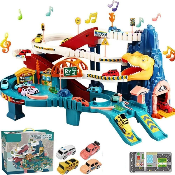 HAPPY HUES Dinosaur Toy Car Race Track Set with 4 Mini Cars for Kids Aged 3+ (Pack of 2)