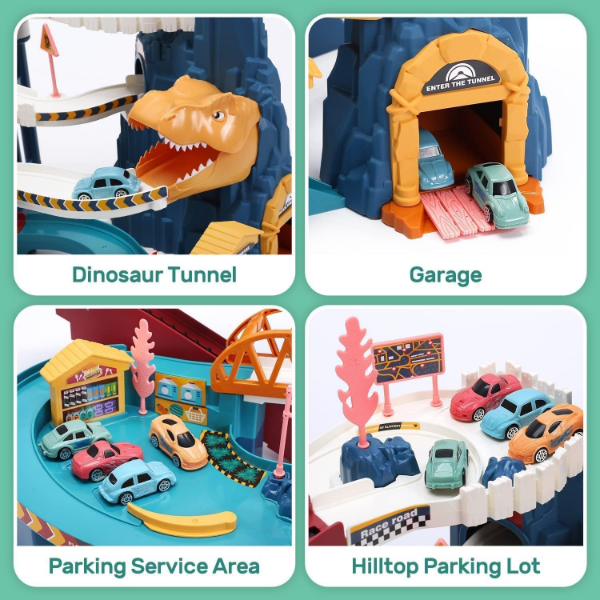 HAPPY HUES Dinosaur Toy Car Race Track Set with 4 Mini Cars for Kids Aged 3+ (Pack of 2) - Image 2